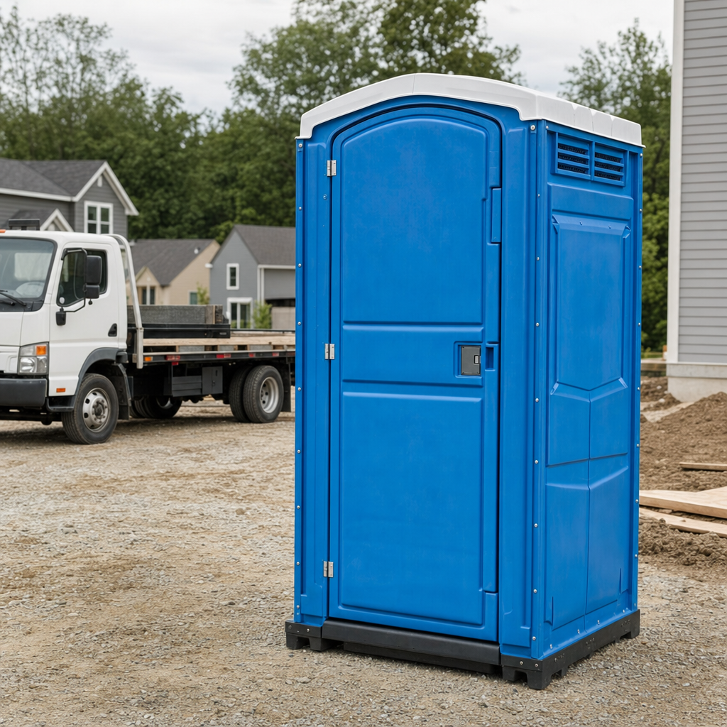 Delivery driver positioning a clean royal-blue portable toilet on level ground at a Oakland worksite