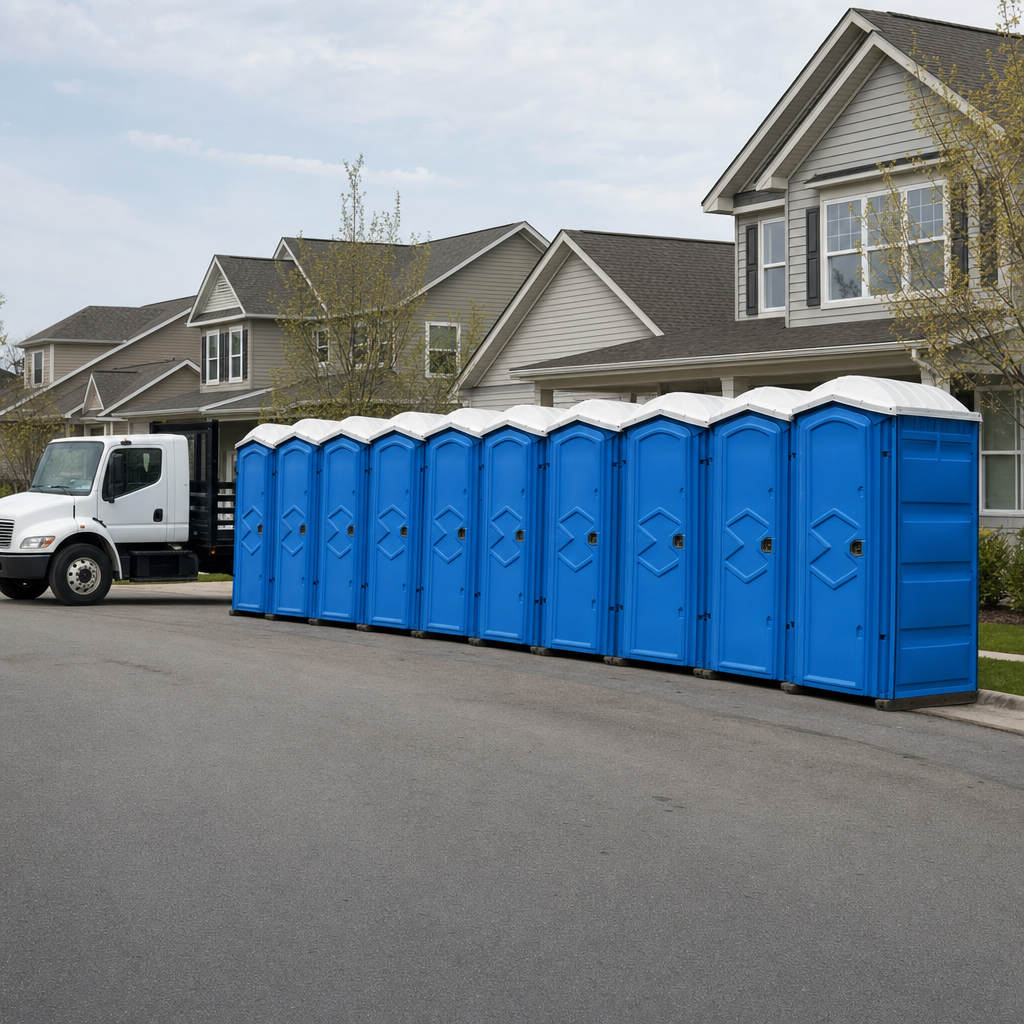 Royal blue portable toilets staged in a tidy row at a Oakland jobsite, ready for delivery